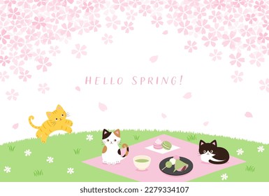 spring vector background with cats having a Cherry blossom viewing party on a green field for banners, cards, flyers, social media wallpapers, etc.
