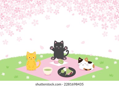 fondo vectorial de primavera con gatos que tienen una fiesta de visualización de la flor de cerezo en un campo verde para carteles, tarjetas, volantes, fondos de pantalla de medios sociales, etc.