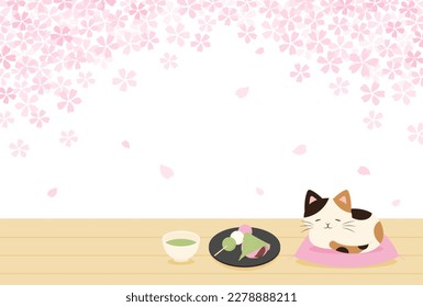 spring vector background with cherry blossoms, a cat sleeping on Engawa and Japanese sweets for banners, cards, flyers, social media wallpapers, etc.