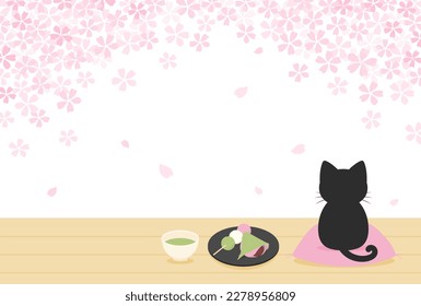 spring vector background with cherry blossoms, a cat sitting on Engawa and Japanese sweets for banners, cards, flyers, social media wallpapers, etc.