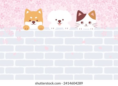 spring vector background with cherry blossoms with dogs and a cat on a brick wall for banners, cards, flyers, social media wallpapers, etc.