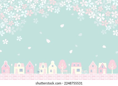 spring vector background with city landscape with houses and cherry blossoms for banners, cards, flyers, social media wallpapers, etc.