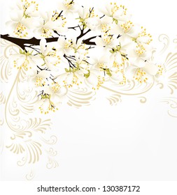 Spring vector background with detailed blossoming branch of plum