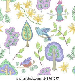 Spring vector background with flowers, bird and trees.
