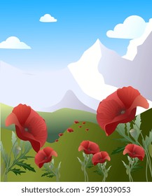 Spring vector background with mountains and poppies. Luxury illustration in minimalist style with poppy flowers in botanical style, organic shapes. Vector background for banner, poster, website

