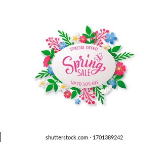 Spring vector background with paper cut flowers and geometric frame. Oval or circular paper border for text. Hand drawn lettering text.