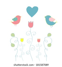 Spring vector background in pastel colors with small birds and flowers. 