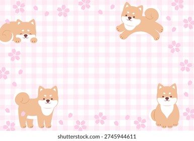 spring vector background with pink cherry blossoms and shiba dogs on gingham