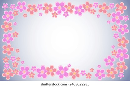 Spring vector background with pink flowers around the edges. Frame of apple flowers. Background for postcard, invitation, congratulation and banner.