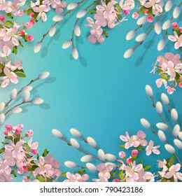 Spring vector background with pussy willow branches, Apple blossoms.