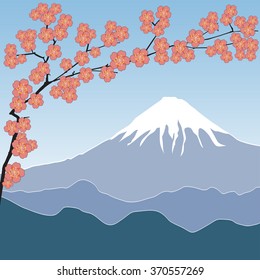 Spring vector background with sakura flowers against mountain. Colorful illustration.