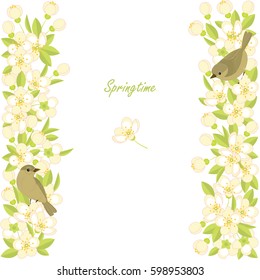 Spring vector background. Small birds and spring blossoming branches