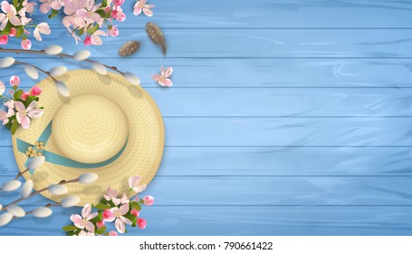 Spring vector background with straw hat, pussy willow branches, Apple blossoms.