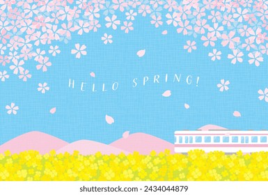 spring vector background with a train with cherry blossoms and canola flowers for banners, cards, flyers, social media wallpapers, etc.