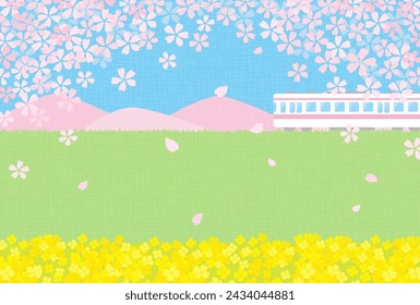 fondo de vector de primavera con un tren con flores de cerezo y canola para banderas, tarjetas, volantes, fondos de pantalla de redes sociales, etc.