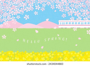 spring vector background with a train with cherry blossoms and canola flowers for banners, cards, flyers, social media wallpapers, etc.