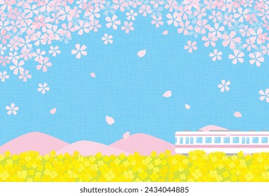spring vector background with a train with cherry blossoms and canola flowers for banners, cards, flyers, social media wallpapers, etc.