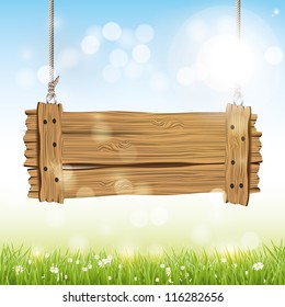 Spring vector background with wooden sign