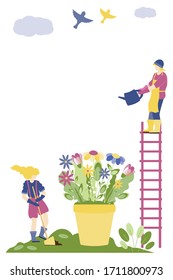 Spring Vector  backgrounds with copy space for text, social media stories wallpapers, banners, posters, templates . Bright posters on spring and planting. People plant and water flowers. 