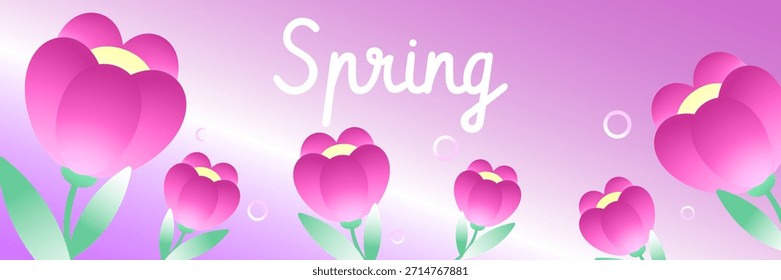 Banner de vetor de primavera com tulipas coloridas e letras de gradiente de "primavera". Design floral fresco para promoção sazonal, cartões de felicitações, cartazes, cabeçalhos da web e fundos da natureza moderna.