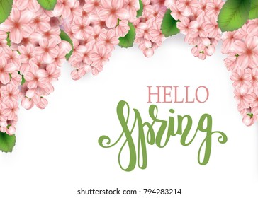 Spring vector banner design with sakura flowers and leaves. Cherry blossoms background. Realistic japan cherry branch with blooming flowers. Hello Spring lettering. 