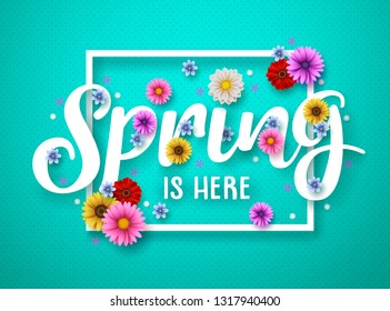 Spring vector banner design. Spring text with colorful chrysanthemum and daisy flowers in white frame for spring season. Vector illustration.
