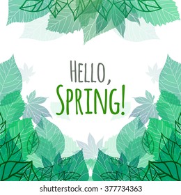 Tarjeta vectorial de primavera con doodle y hojas verdes para postal, volantes, folletos y su negocio