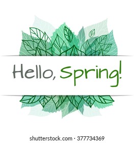 Spring vector card with doodle and green leaves for postcard, flyers, brochures and your business