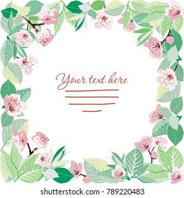 Spring vector card with first green leaves and cherry blossom. May be used as a template for cards design, invitations, menu. Many isolated hand drawn elements will 
help you in your design works.