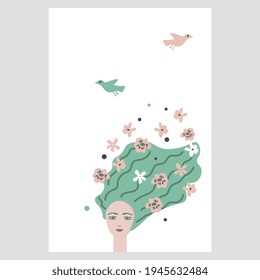 Spring vector card with girl and birds