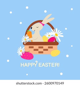Spring  vector card or poster illustration template with cute bunny in a basket with daisies and eggs. Happy Easter. Seasons greetings inscription.
