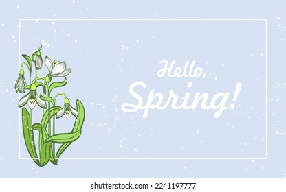 spring vector card in retro style Primroses on a blue background. A bouquet of snowdrops and the inscription Hello, spring!