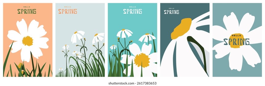Spring vector card set. Hand drawn flyers for spring event decoration, Mother's Day, Easter. Beautiful spring poster with daisies. Trendy spring cover concept.