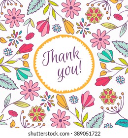 Spring vector card template. Thank you gratitude card. Hand drawn greeting card with flowers. 