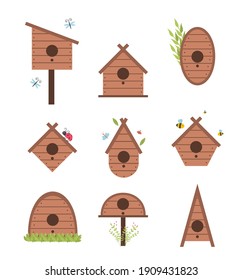 Spring vector card with wooden birdhouse. Isolated on white background bird box. Hand made bird house spring animal tree decoration.