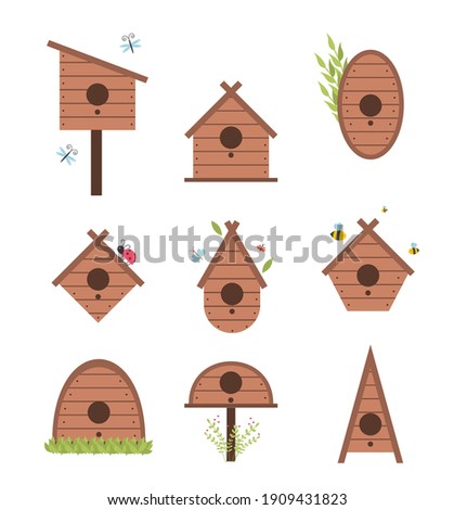 Spring vector card with wooden birdhouse. Isolated on white background bird box. Hand made bird house spring animal tree decoration.