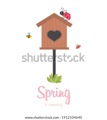 Spring vector card with wooden birdhouse. Isolated on white background bird box. Hand made bird house spring animal tree decoration.
