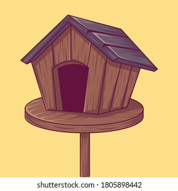 Spring vector card with wooden birdhouses. Trees, tree buds, thaw, birds. 