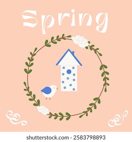 Spring vector card with wooden birdhouses and bird. Spring