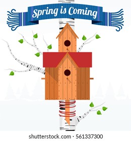 Spring vector card with wooden birdhouses. Trees, tree buds, thaw, birds. Web graphics, banners, advertisements, brochures, business templates. Isolated on a white background