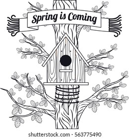 Spring vector card with wooden birdhouses. Trees, tree buds, thaw, birds. Web graphics, banners, advertisements, brochures, business templates. Isolated on a white background