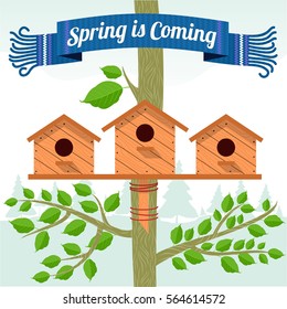 Spring vector card with wooden birdhouses. Trees, tree buds, thaw, birds. Web graphics, banners, advertisements, brochures, business templates. Isolated on a white background