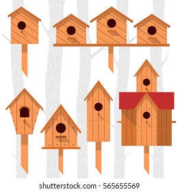 Spring vector card with wooden birdhouses. Trees, tree buds, thaw, birds. Web graphics, banners, advertisements, brochures, business templates. Isolated on a white background