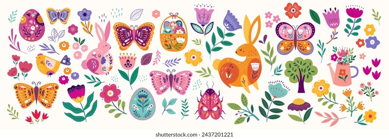 Spring vector collection with easter rabbits, Easter eggs, butterfly 