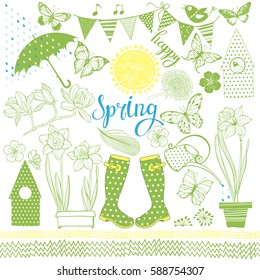Spring. Vector collection of isolated elements for design. Hand-drawn illustration on a white background.