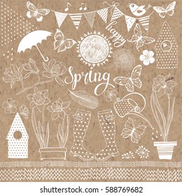Spring. Vector collection of isolated elements for design. Hand-drawn illustration on kraft paper.