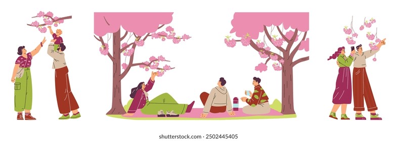 A spring vector collection of three illustrations with scenes with family, friends and a young couple celebrating the cherry blossom, rejoicing with hanami