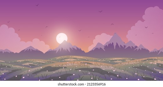 Spring vector colorful landscape. Mountains and flowering meadow at sunset