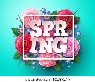 Spring vector concept design. Spring text 3D typography with white boarder, and colorful elements like camellia, crocus, chionodoxa flowers and leaves for spring season. Vector illustration.