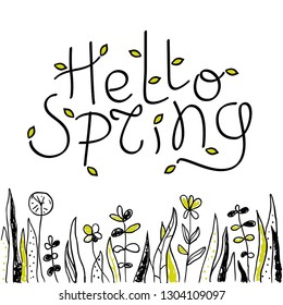 Spring vector design for greeting card. Hello Spring card. Cute hand-drawn illustration with flowers and lettering. Spring background in doodle style